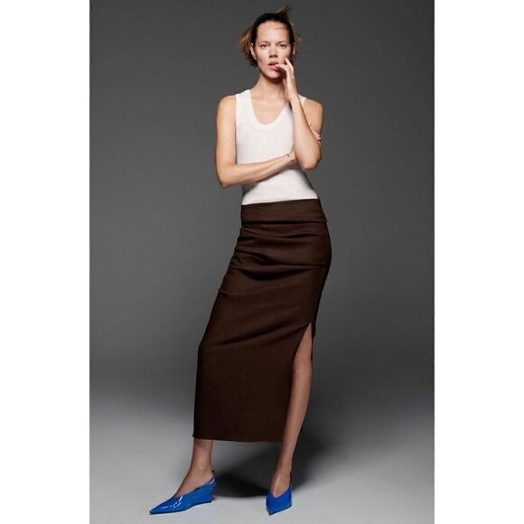 NWT Zara Limited Edition Linen Blend Draped High Waist Midaxi Skirt in Brown - Picture 7 of 13